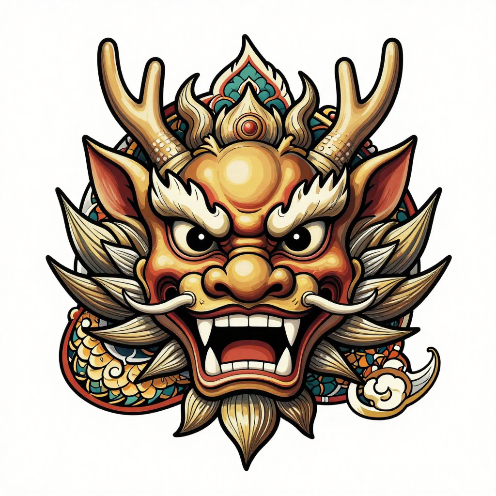 Neo-Traditional Dragon Mask Tattoo Flash (Digital)